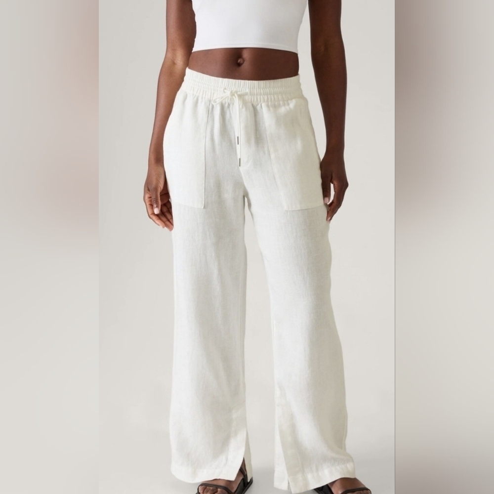 Nwt- Athleta White Wide Leg 100% Linen Drawstring Pants - Size Xl